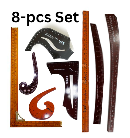 “8-Pcs Tailoring Scale Set – Full Suit Cutting Combo Pack (L-Shape, Hip Curve, Pant Curve, Straight Scale, P5, P12, P16 & P4)”