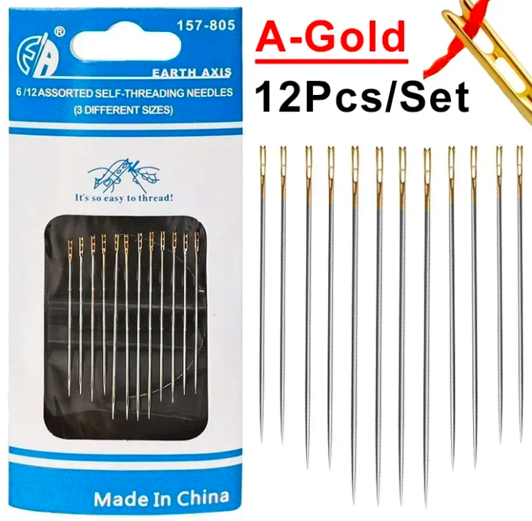 Pack of 12 Double-Eye Threading Needles – 3 Sizes High-Quality Sewing & Handcraft Needles